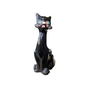 Vintage Black Long Neck Cat Figurine In Seated Position, 3”, Blue Eyes